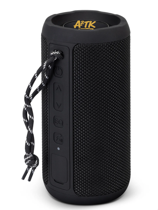 Black portable speaker with gold A2TK logo