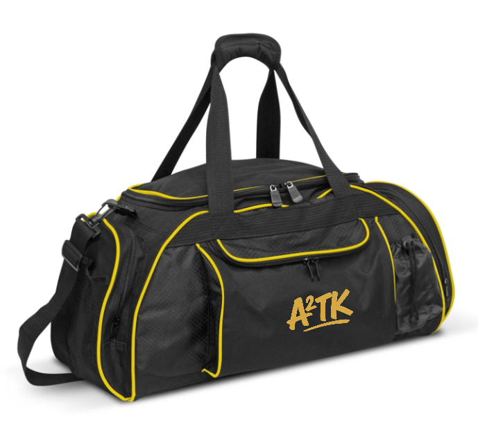 Black A2TK sports bag with gold trim and logo