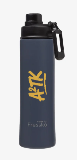 Dark reusable water bottle with gold A2TK logo