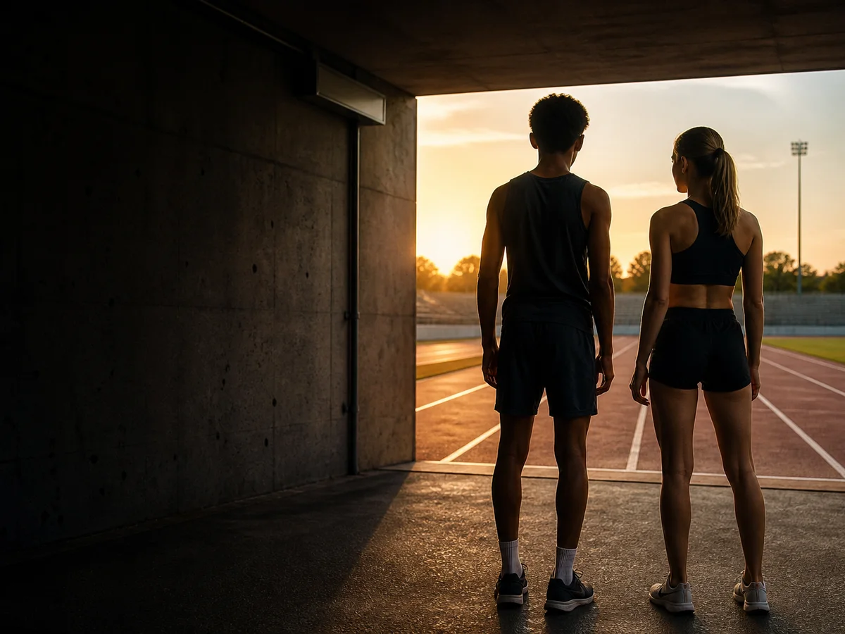 Two junior athletes looking from a stadium tunnel toward an athletics track