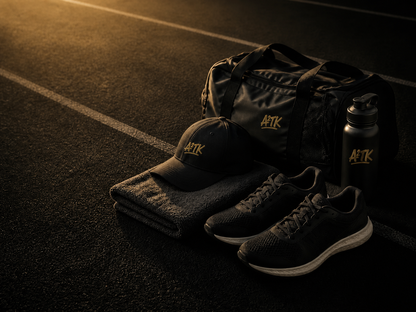 A2TK-branded training bag, cap and water bottle arranged with running shoes and a towel beside an athletics track